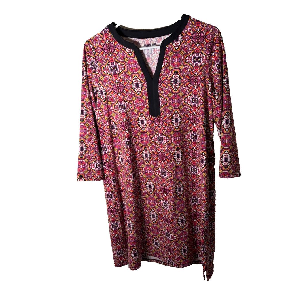 Lands' End Dress Women's Small V-Neck Shift 3/4 Sleeve Printed Colorful